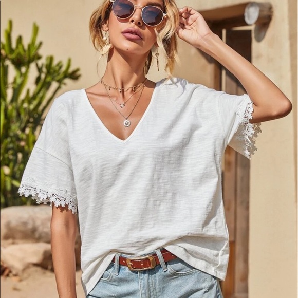 WHITE LACE INSERT DROP SHOULDER TEE - Picture 4 of 7